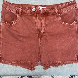 Zenana Outfitters Rust Frayed Hem Denim Shorts